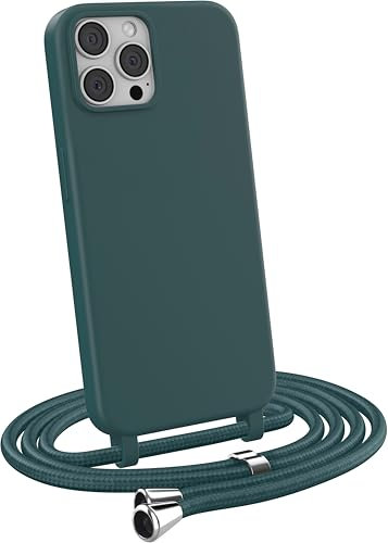 MyGadget Coque Cordon pour iPhone 12 | 12 Pro - Cover Bumper Silicone Mat Uni avec Collier - Case Tour de Cou - Protection Anti Choc - Skin & Lanière Vert Foncé