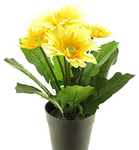 mucplants Künstliche Gerbera Gelb im schwarzen Kunststofftopf H:28cm Kunstpflanze Kunstblume Deko