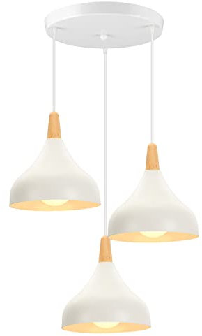 iDEGU Kronleuchter Hängeleuchte Retro 3 Lampen Pendelleuchte Modern Stil Tropfen Hut Deckenleuchte E27 Metall Holz Deckenlampe für Schlafzimmer Esszimmer Küche, Ø 20 cm (weiß, rund)