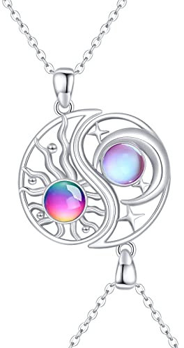2 Stücke BFF Halsketten Mond Sonne 925 Sterling Silber Schwestern Halskette Runden mit Kristallen Sonne und Mond Freundschaftskette BFF Schmuck für 2 Mädchen