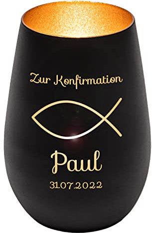 Windlicht mit Gravur zur Konfirmation | Schwarz/Gold | Motiv Fisch | Geschenk zur Konfirmation Junge Mädchen | Tischdeko und Konfirmationsgeschenk personalisiert | Teelichtglas