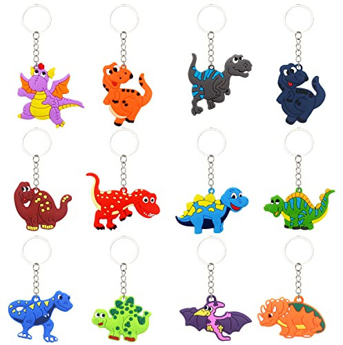 Kawailay 12 Stücke Dinosaurier Schlüsselanhänger Kindergeburtstag Dino Schlüsselanhänger Keychain Dinosaurier Party Set Dino Silikon Schlüsselring für Kinder Jungen Geburtstag