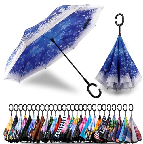 SIEPASA 124/142 cm umgekehrter umgekehrter Regenschirm, extra groß, doppelt, belüftet, winddicht, wasserdicht, Golfschirme mit C-förmigem Griff (Elsa's Snow, 124 cm)