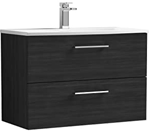 nuie ARN626G Arno Modern Bathroom Wall Hung 2 Drawer Vanity Unit with Curved Ceramic Basin, 800mm, Woodgrain Charcoal Black