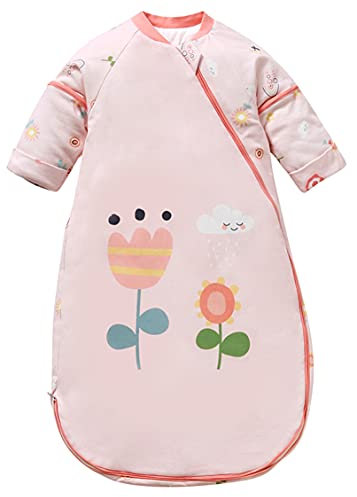 Chilsuessy Baby Winter Schlafsack mit abnehmbaren ärmeln 3.5 Tog Warm Schlafsack Langarm Kinderschlafsack Babyschlafsack aus ganz soft natürlich Baumwolle, Blumen/3.5 Tog, S/Babyhöhe 60-70cm