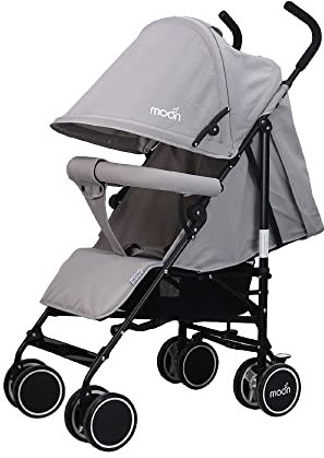 The Moon Brand Neo Plus Leichter Reise-Kinderwagen für Baby/Kinder/Kleinkinder ab 0 Monaten (bis zu 18 kg), Regenschirm-Faltung, mehrere Positionen, verstellbarer Sitz, Aufbewahrungskorb, Hellgrau