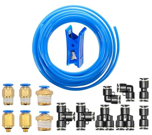 HUAZIZ 10 Meter PU Pneumatikschlauch, Pneumatic Polyurethane Schlauch, Flexibel Druckluftschlauch Blau, Outside 8 mm x Inside 5 mm mit 14 Stück Black Pneumatikverbinder (Y/T/L/I förmig)