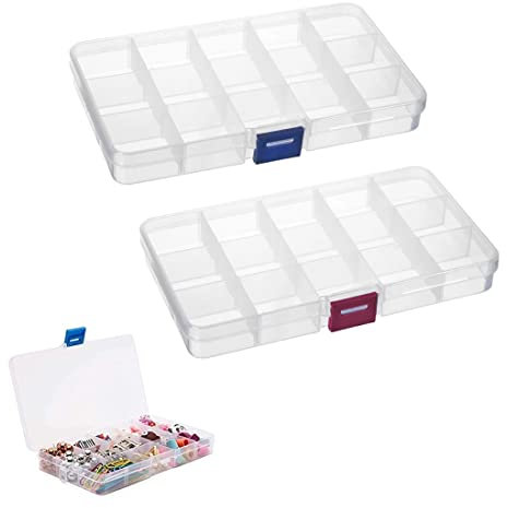Schmuckkästen, 2 Stück Plastik Sortierbox Sortimentskasten mit 15 Fächern und Deckel zur Aufbewahrung von Ohrringen, Perlen