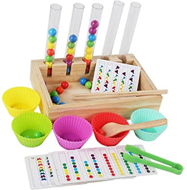 Oshhni Test Tube Toy Clip Bead Game, Wooden Rainbow Balls in Cups, Wooden Peg Board Game for Kids
