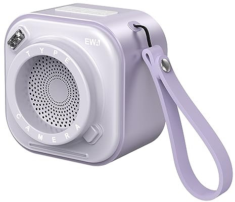 EWA Wireless Mini Bluetooth Speaker with Lanyard, Small Speaker with Bass Radiator, Unique Camera Look, Support TF Card, Small But Loud, Portable Speaker for Home, Party, Travel, Outdoor (Purple)