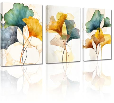 LZIMU Abstraktes Bild auf Leinwand 3 Stück Grün Gelb Gold Ginkgo Biloba Blatt Leinwand Bild nordisches Gemälde für Schlafzimmer Wanddekoration Gerahmt(1, 50x70cmx3 Stück)