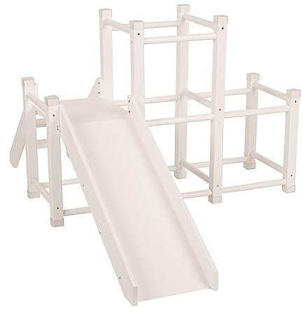 KiddyMoon Aire De Jeux avec Toboggan en Bois pour Enfants Jouet Montessori Rampe Cadre d'escalade pour Bébés en Bas Âge Ensemble D'activités, Blanc