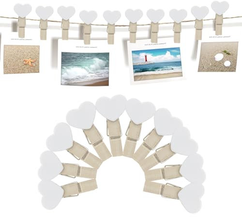Feelorna 20 pezzi di mini mollette di legno, mini mollette a cuore con 2 metri di corda di iuta, mini mollette di legno per la decorazione di foto fai da te (Bianco)