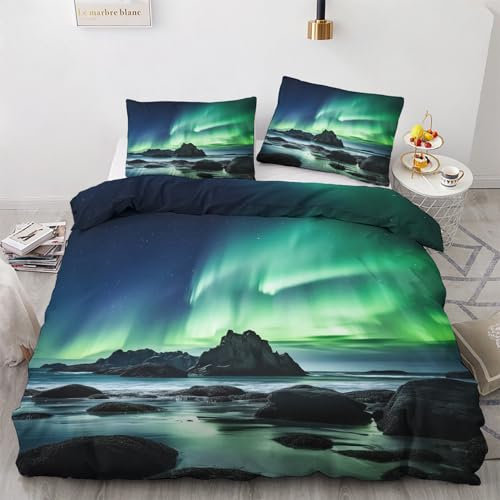 Winter Bettwäsche 135x200 Nordlichter - Polarlichter Bettbezug 135 x 200 2er Set, Wendebettwäsche und Kissenbezug 80x80, Weiche & Angenehme & Warme Mikrofaser Bettwäsche-sets mit Reißverschluss