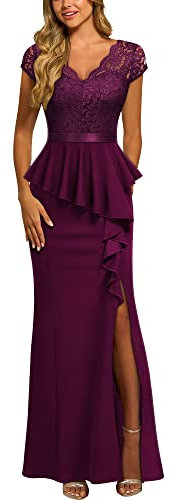 MISSMAY Women's Elegant V-Neck Lace Peplumed Ruffle Split Bridesmaids Party Gown Formal Maxi Dress (XX-Large, Burgundy)