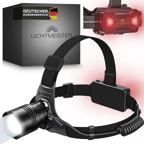 LICHTMEISTER® Linterna frontal con luz trasera (2500 lúmenes, batería de 8000 mAh) – Linterna frontal LED recargable – Linterna frontal LED