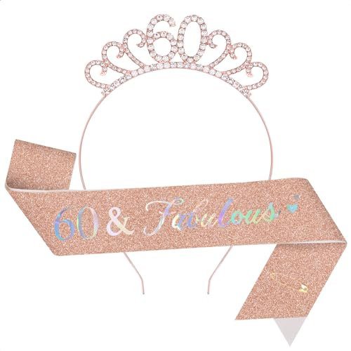TOPWAYS 60. Geburtstag Mädchen Frauen Deko Schärpe und Tiara Kit, Geburtstag Geschenke Fabulous Sash & Headband Krone Geburtstag für 60 Geburtstag Deko Mädchen Frauen (60 Fabulous, Roségold)