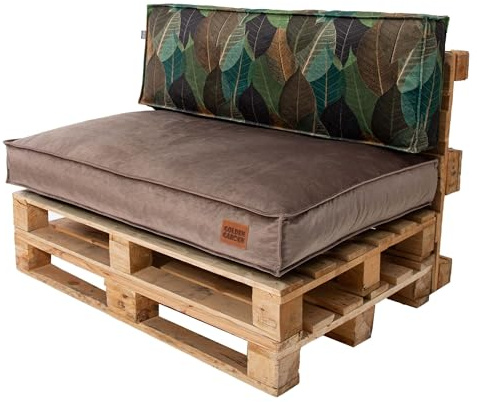 GoldenGroup Gartenset Kissen für Palettenmöbel Cappuccino & Blätter - Polsterstoff - Langlebiges und Wasserdichtes Material - Sitzkissen 120cm x 80cm x 15cm, Rückenkissen (2X) 60cm x 40cm x 15cm