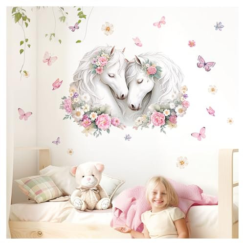Little Deco Wandtattoo Pferde mit Blumen personalisiert Wandsticker Kinderzimmer Pferdekopf mit Namen Wandaufkleber Rosa Mädchen Babyzimmer Wanddeko DL5026-02