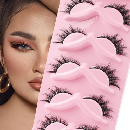 Poiuyoiu Extensions de Faux Cils Cils Wispy Fox Cils Naturels Oeil de Chat Faux Cils Moelleux 5 Paires de Cils Croisés Faux Cils de Vison Réutilisables Cils de Bande 3D Légers