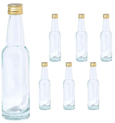 Vitrea 6 leere Glasflaschen 100ml Schraubverschluss Gold - kleine Flaschen zum Befüllen mit Deckel - für Saft, Getränke, Likör, Öl, Saucen, Sirup - 6 Stück, PP22, Kropfhals