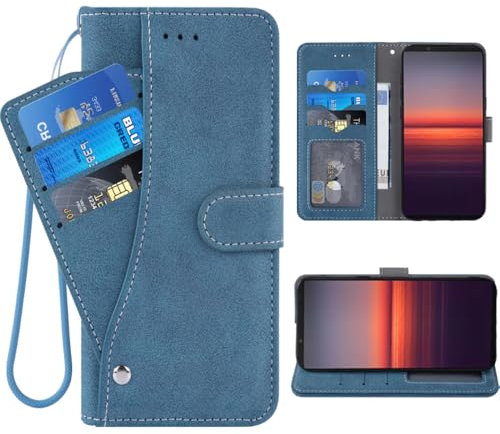 ELISORLI Phone Cover for Sony Xperia 5 II 2 / Experia 5II 5G Wallet Case Wrist Strap Slot Stand Leather Credit Card Holder Folio Purse Cell Accessories Experia5ii XQ-AS72 Girls Women Men Blue