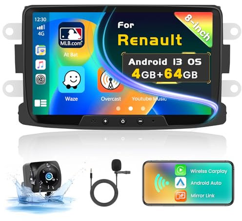 Inefala 4G+64G 8 Touchscreen Autoradio für Renault Dacia Logon Sandero Dokker Duster, Android 15 Radio mit Wireless CarPlay und Android Auto, GPS, WiFi, BT, RDS, FM, USB, SWC, Mic, Rückfahrkamera