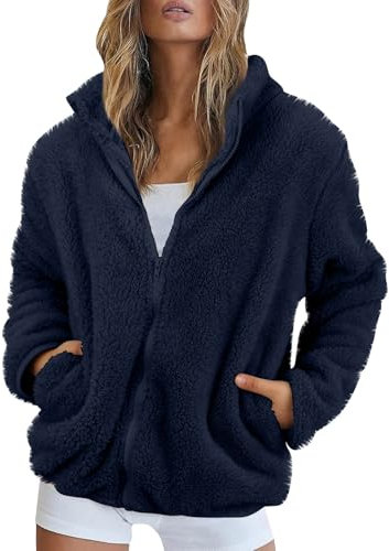 FUPODD Fleecejacke Damen Stehkragen Teddyjacke Reißverschluss Plüschjacke Frauen Freizeit Kuscheljacke Flauschig Jacke Winter Einfarbig Winterjacke Damen Warm Dicke Elegant Mantel Weich Bequem