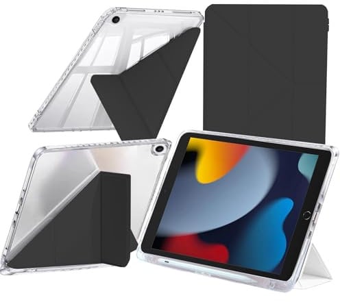 Custodia Compatibile con iPad 10.2 Pollici (9a/8a/7a Generazione, 2021/2020/2019) / iPad Air 10.5 2019 / iPad Pro 10.5 2017 con Portapenne, Chiaro Antiurto, 6-in-1 Supporto, Nero