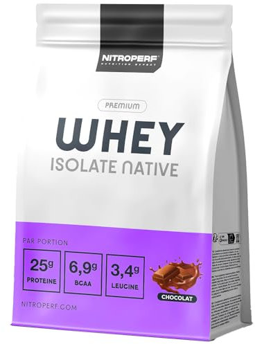 NITROPERF Whey Isolate Native 1kg – 33 portions goût Chocolat - 25g de Protéines par Portion - Riche en BCAA - Prise de Masse & Musculation Pureté et Performance -