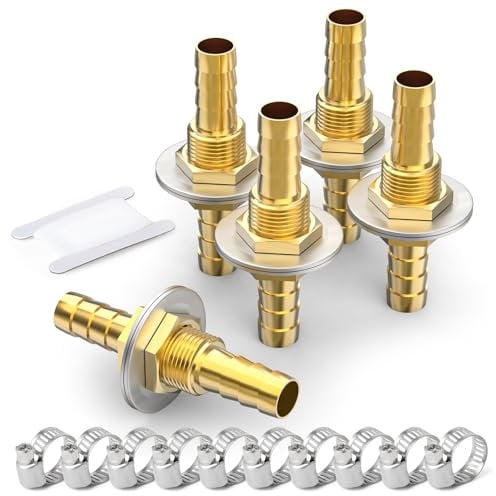 GASHER 5 Stück Messing Schlauch Barb Thru-Bulk Bulk Fitting 10mm bis 10mm Barb Schlauch, gerade Hex Union Fitting mit 10 Stück Schlauchschelle