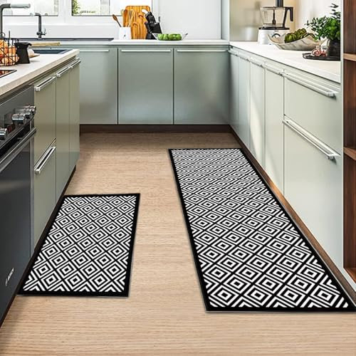MIQEBX Kitchen Rug 2 Piece Set,Non-Slip Absorbent and Washable Runner Rug,Geometric Kitchen Floor Mat for Kitchen, Home, Office, Sink, Laundry (B-Black, 43x150cm+43x75cm)