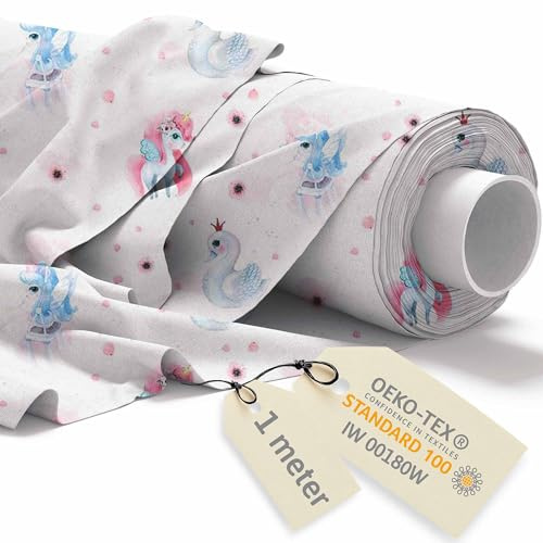 DreamRoots Baumwollstoff Meterware, Swan Princess, 1 m Vorschnitt | Kinderstoff, Kindermotive, Baumwolle, Stoff zum Nähen, Polsterstoff, Leinwand, für Kinderzimmer