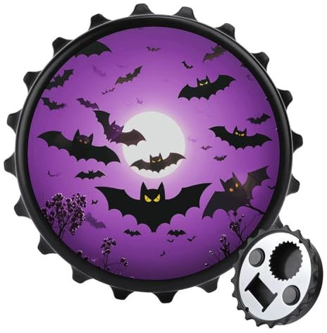Halloween Flying Purple Bats Bottle Opener Home Decor Magnetic Beer Opener for Beer Lovers, Funny Round Decoration Fridge Magnets Portable Drink Bottle Opener for Refrigerator, Black-style