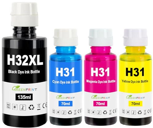 GREENPRINT 31 32XL Encre Compatible 6000 Page Noir, 8000 Page CMY pour H P Smart Tank 319 455 515 530 555 558 559 570 655 670 750 790 5105 5106 5107 7005 7006 7305 7306 7605 415 419 Imprimante 4-Pack