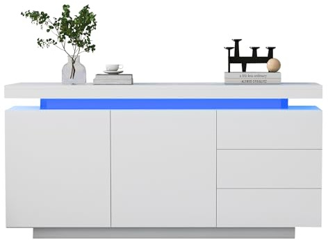 Wyibwy Aparador de cocina, aparador, cajonera de cocina, mueble de dormitorio, 2 puertas, 3 cajones, con luces LED, brillante, sin tiradores, aparador, aparador salón, mueble entrada, 140 x 35 x 72,5