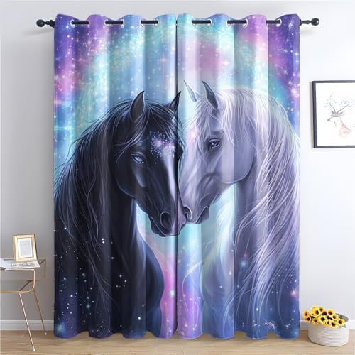 Venivici Pferd Vorhänge Wohnzimmer Schlafzimmer - Mädchen Galaxie Pferde Vorhang mit ösen, Gardinen Blickdicht, Verdunklungsvorhänge Kinderzimmer, Thermovorhang 2er Set, H 137 x B 117 cm