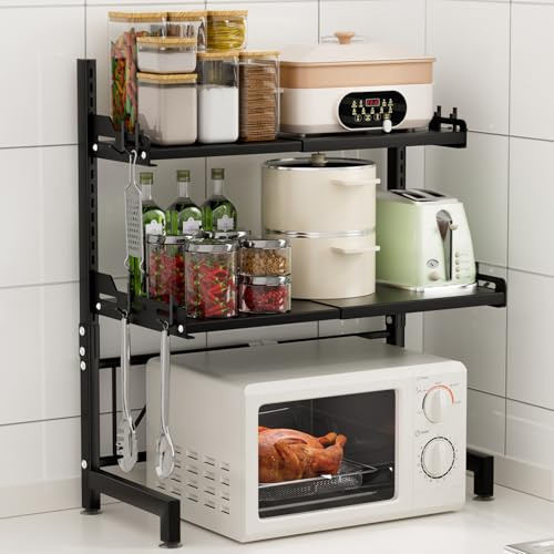 Extendable Microwave Oven Rack, 3-Tier Adjustable Microwave Shelf with 8 Hooks, 14.2 ''- 24.4 '' L Microwave Stand Countertop, Kitchen Over Microwave Shelf with Suction Cup Foot, Microwave Rack Black