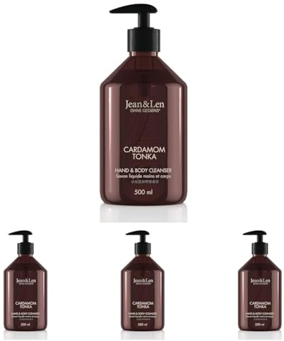 Jean & Len Hand & Body Cleanser Cardamom & Tonka, für ein duftendes Reinigungserlebnis, Körper- & Handseife in einer hochwertigen Flasche, exotisch-würziger Duft, vegan, 500 ml (Packung mit 4)