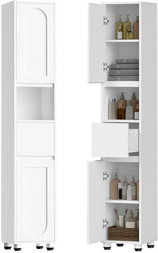 HOOBRO hoher Badezimmerschrank mit verstellbaren Einlegeböden und Türen, offenem Fach und Schublade, Badschrank, Aufbewahrungsschrank für Wohnzimmer, Flur, Küche, 30 x 30 x 170 cm, Weiß EWW22BC01