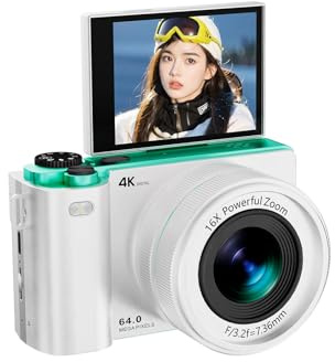Andoer 4K Digital Camera, 64MP Compact Vlogging Photo Camera | 16X Optical Zoom, 2.8 Inch IPS Screen, MP3, Self Timer, Gust Wide Viewing Angles for Kids Students Seniors Beginner, White