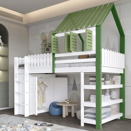 Merax Hochbett Kinderbett 90x200cm, Etagenbett mit Kleiderschrank, offenes Lagerregal, Baumhausbett mit Dach und Fenster, Platzsparendes Stockbett mit Lattenrost und Leiter, Kiefer+MDF, Weiß & Grün