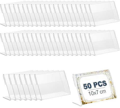 Acryl Etikettenhalter, 10 x 7 cm, 50 Stück Transparenter Vertical Acryl Etikettenhalter, Preisschilder Aufsteller, Kleiner Tabelle Namensschild, Visitenkarten Display, für Büro, Schulen, Shop