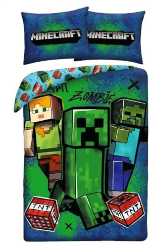 Halantex Kinder Bettwäsche Set Minecraft 140x200 cm & Kissenbezug 70x90 cm – Wendebettwäsche mit Reißverschluss, Microfaser Polyester, Oeko-Tex Zertifiziert,