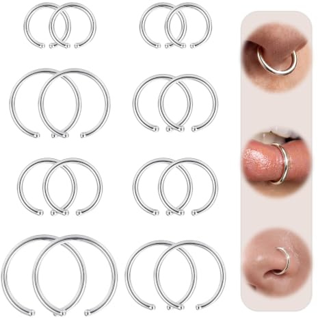 JeweBella 16 Stück Fake Nasenpiercing Ring Septum Nasenring 16G/18G/20G | Goldfarben/Silberfarben Fake Nasenpiercing Edelstahl für Frauen Männer, Daith Helix Piercings Lippe Ring 6/8/10/12mm