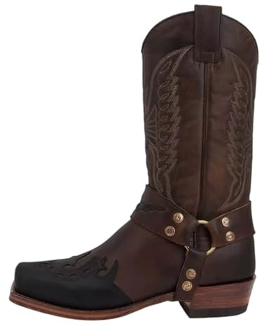 Stivali da Cowboy Ricamati Uomo - Punta Quadrata, Cerniera, Pelle Decorata, Tacco Basso, Ideali per Look Country e Quotidiano