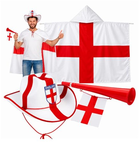 England 2026 Merchandise - England Fan Kit 3-Piece Supporter Set - St George Rayon Cape, Stetson Hat with Badge, Horn & Flag. Women's, Men's Accessories for Football 2026