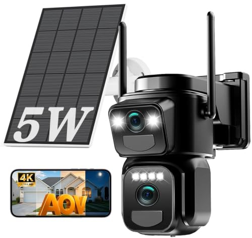 4K Caméra de Surveillance WiFi Extérieure sans Fil,Double Objectif Camera Solaire Extérieur,AOV 24/7 Enregistrement,Vision Nocturne,360° PTZ Sécurité à Domicile,Audio Bidirectionnel,2.4/5G WIFI,IP66