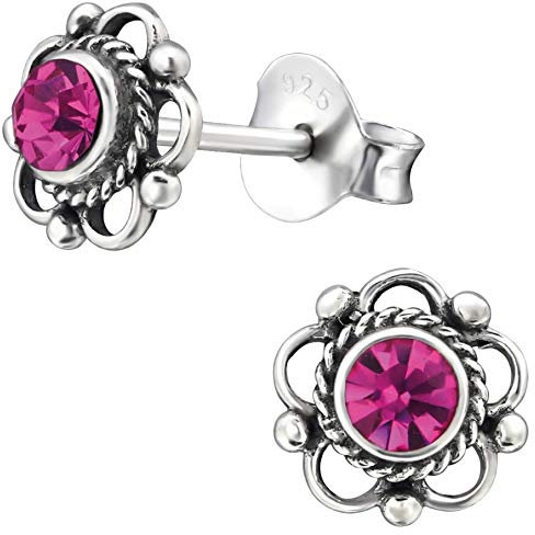 EYS JEWELRY Damen Ohrringe Blume Blüte 925 Sterling Silber oxidiert Glitzer Kristalle 7 mm Ohrstecker Damenohrringe Damenohrstecker