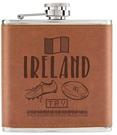 Rugby Ireland 6oz PU Leather Hip Flask Tan